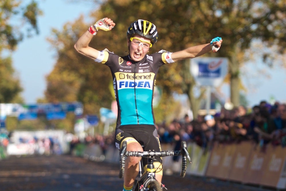 Jolien Verschueren didn't hold back celebrating the biggest win of her career on the Koppenberg. Photo: Dan Seaton | VeloNews.com
