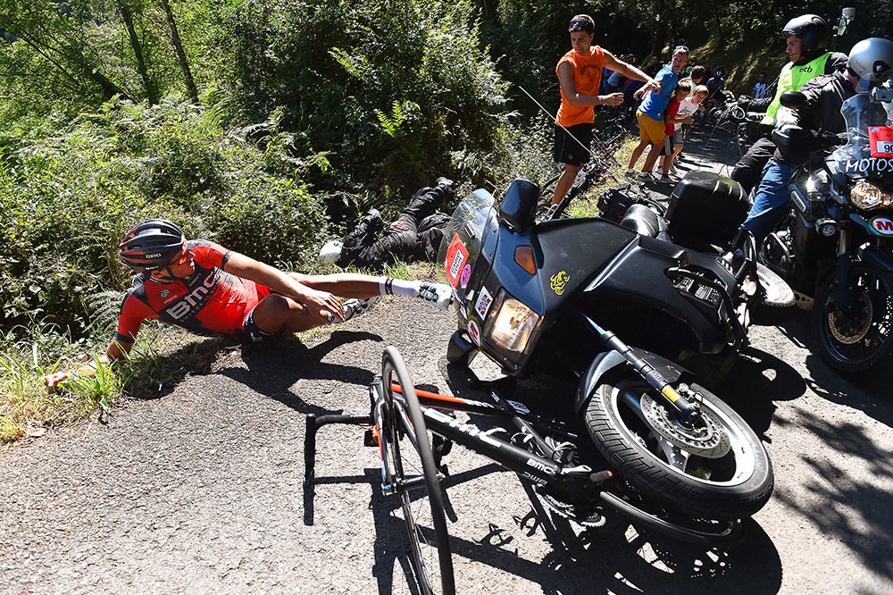 While leading the Clasica San Sebastian race, Greg Van Avermaet was crashed out by a TV moto, drawing the ire of fans and riders from all quarters. Photo: Tim De Waele | <a href="http://www.tdwsport.com" target="_blank">TDWsport.com</a>