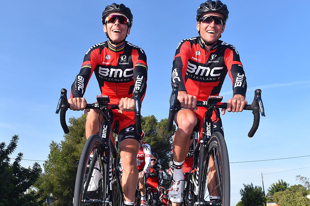 Philippe Gilbert and Greg Van Avermaet led a group ride at the team media day in Spain. Gilbert, nicknamed the Boar of the Ardennes, won stages 12 and 18 of the 2015 Giro d'Italia. Photo: Tim De Waele | <a href="http://tdwsport.com" target="_blank">TDWsport.com</a>