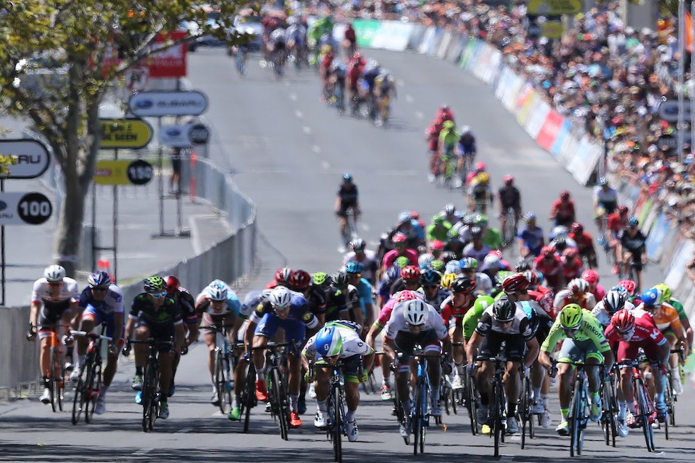 Caleb Ewan gets low in his victorious sprint into downtown Adelaide. Photo: Tim De Waele | TDWsport.com