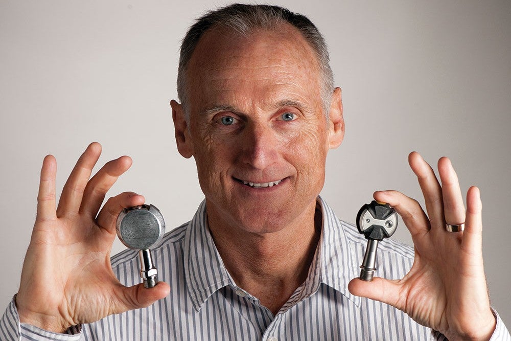 Richard Byrne with his prototype pedal and a Speedplay Zero model. Photo: Brad Kaminski | VeloNews.com