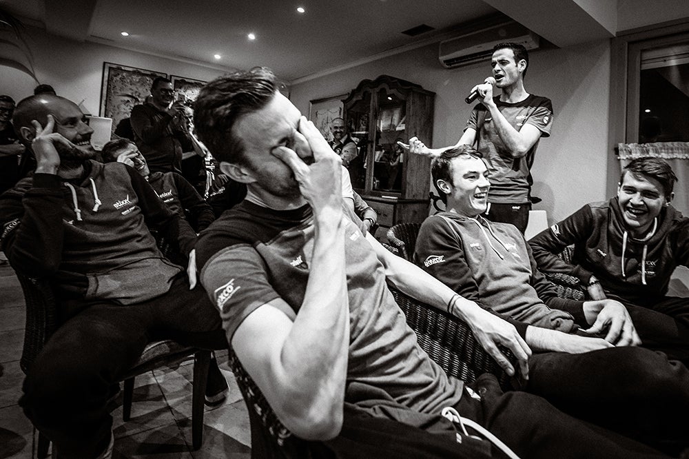 Pieter Serry had his teammates in stitches singing karaoke. But what song was it? We'd imagine something by Prince, maybe Madonna. Photo: Tim De Waele | <a href="http://www.tdwsport.com" target="_blank">TDWsport.com</a>