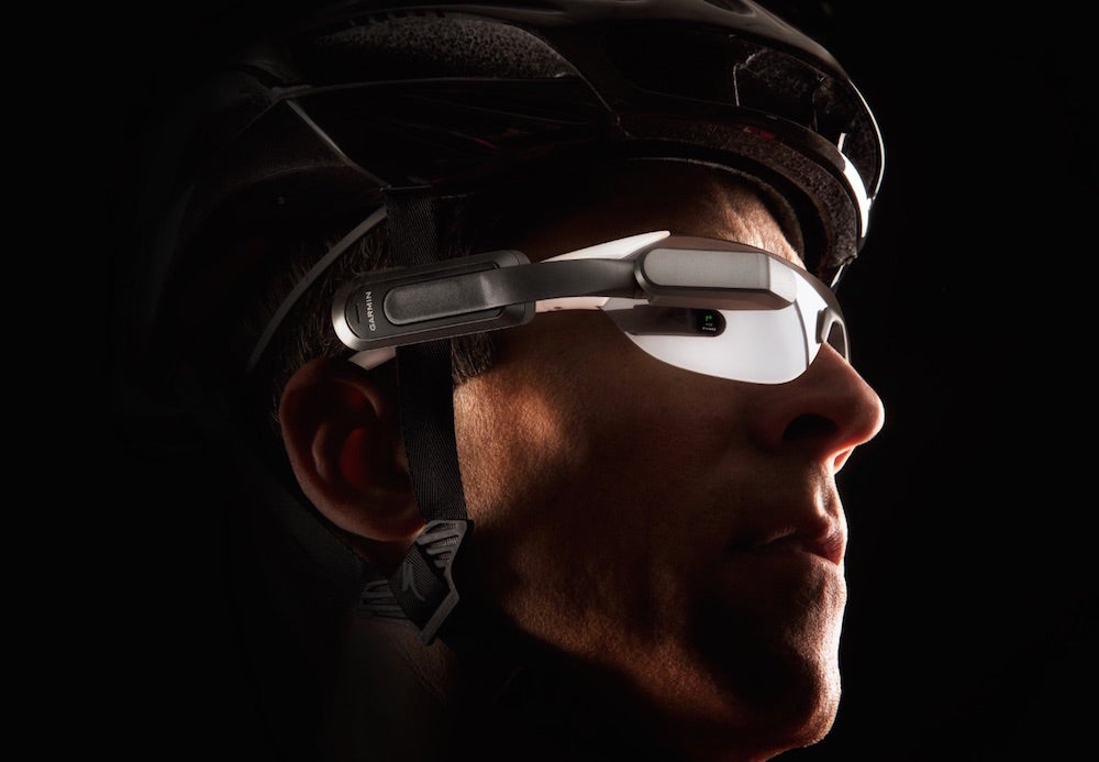Varia Vision is a lightweight heads-up display that mounts to the rider's glasses and works in conjunction with compatible Garmin devices.  Photo: Garmin
