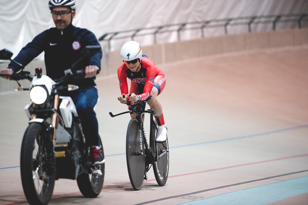 The final session before Stevens's hour record attempt was done behind a moto, to simulate hour record pace. Photo: Caley Fretz | VeloNews.com