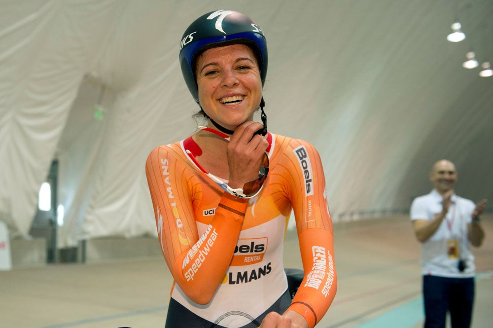 Stevens was all smiles after her record-breaking hour record ride. Photo: Casey B. Gibson | <a href="http://www.cbgphoto.com">www.cbgphoto.com</a>