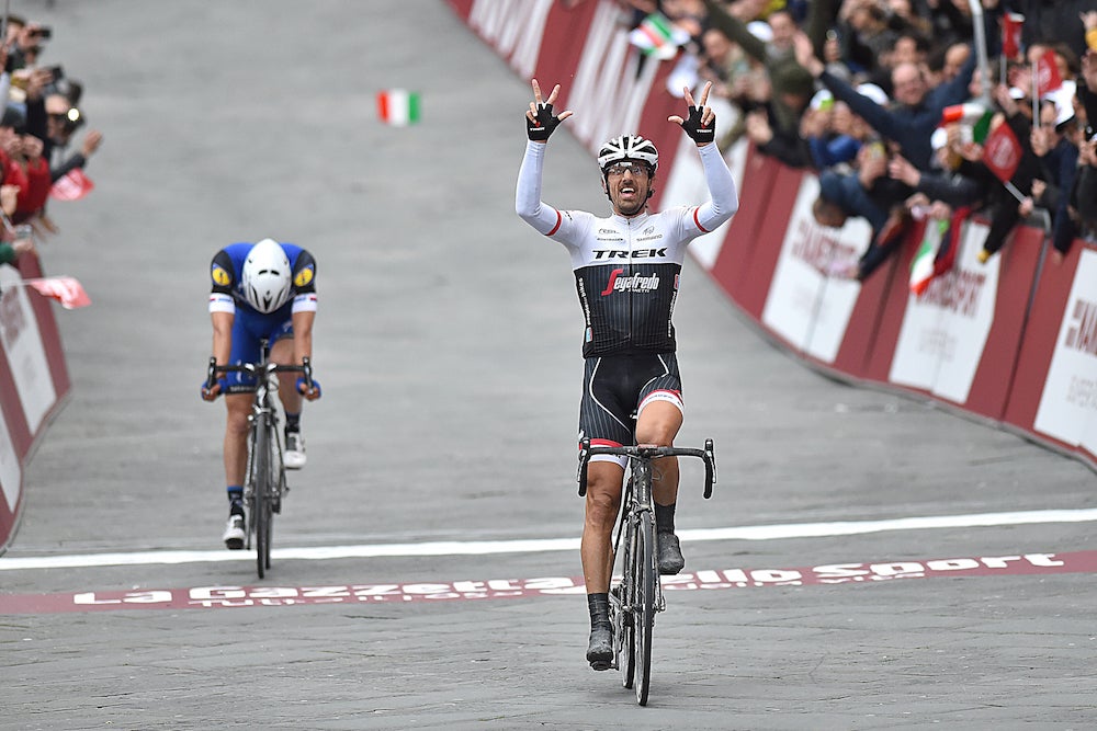 Fabian Cancellara came out on top ahead of Etixx – Quick-Step teammates Zdenek Stybar and Gianluca Brambilla in a nail-biting Strade Bianche finale. Photo: Tim De Waele | <a href="http://www.tdwsport.com" target="_blank">TDWsport.com</a>