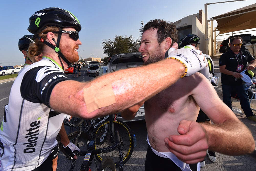 Tyler Farrar congratulated Mark Cavendish after the latter won the opening stage at the Tour of Qatar. Photo: Tim De Waele | <a href="http://www.tdwsport.com" target="_blank">TDWsport.com</a>