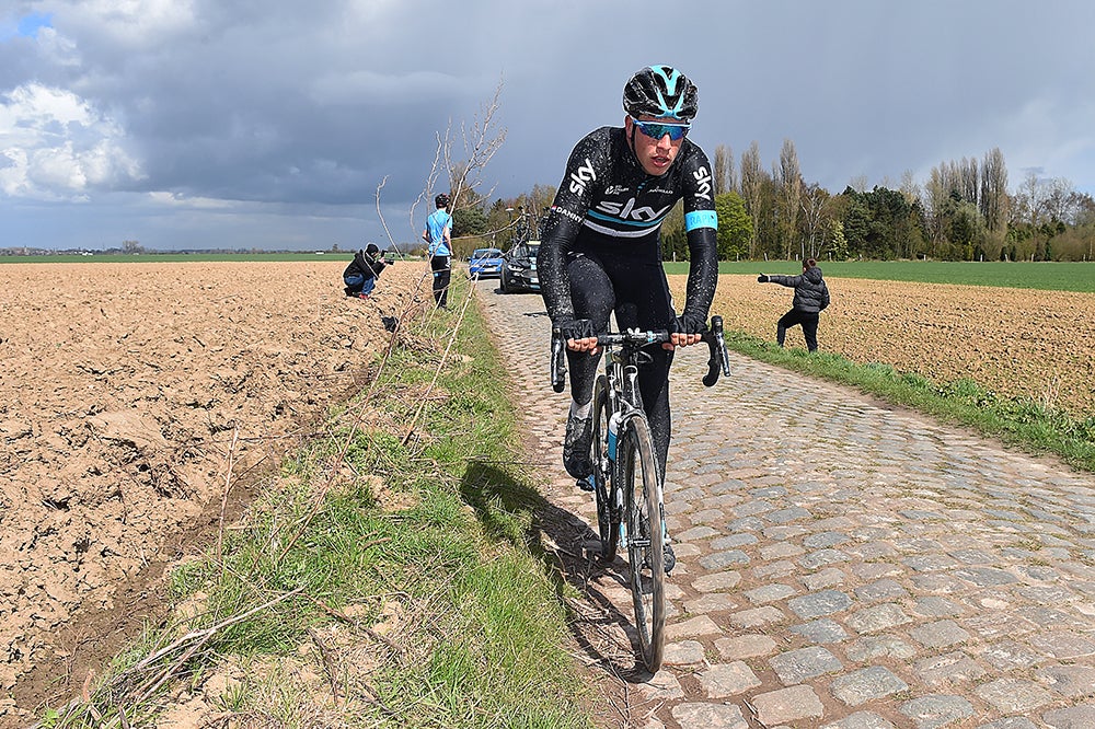 Danny Van Poppel found some dry cobbles during Roubaix recon, but he was splattered by a bit after some wet sections of road. Photo: Tim De Waele | <a href="http://www.tdwsport.com" target="_blank">TDWsport.com</a>