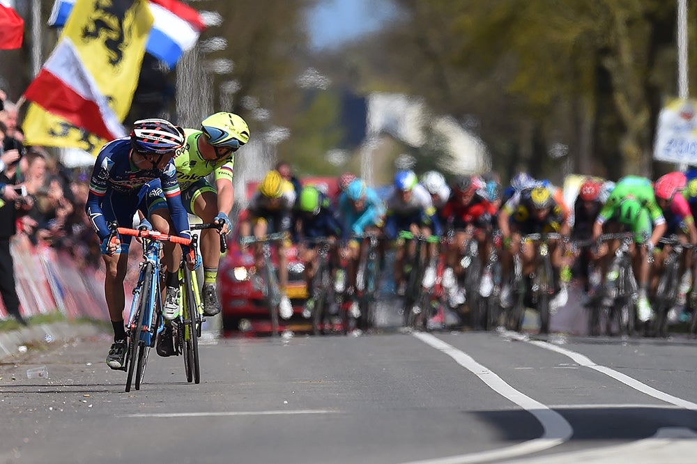 Once they'd made it up and over the Cauberg, Enrico Gasparotto and Michael Valgren took a look behind to see how much room they had. Gasparotto went on to win the 2016 Amstel Gold Race. Photo: Tim De Waele | <a href="http://www.tdwsport.com" target="_blank">TDWsport.com</a>