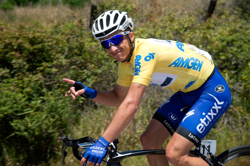 Julian Alaphilippe looked to be enjoying his first day in yellow during Wednesday's stage 4. Photo: Casey B. Gibson | <a href="http://www.cbgphoto.com">www.cbgphoto.com</a>
