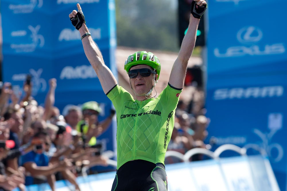 Ben King won the Amgen Tour of California stage 2 out of a long breakaway, holding off the peloton and nipping Evan Huffman at the line. Photo: Casey B. Gibson | <a href="http://www.cbgphoto.com">www.cbgphoto.com</a>
