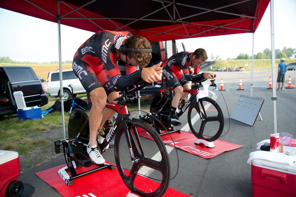 Taylor Phinney and Brent Bookwalter warm up on the trainers before the start of the 2016 U.S. Pro time trial championships. Photo: Casey B. Gibson | <a href="http://www.cbgphoto.com">www.cbgphoto.com</a>