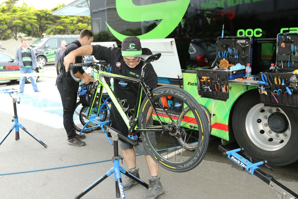 The weather is perhaps the mechanic's most formidable foe. After the bikes are power-washed, chains need to be lubed, cables need to be adjusted, and everything needs a once-over to ensure the bike is ready to ride. Photo: Dan Cavallari | VeloNews.com
