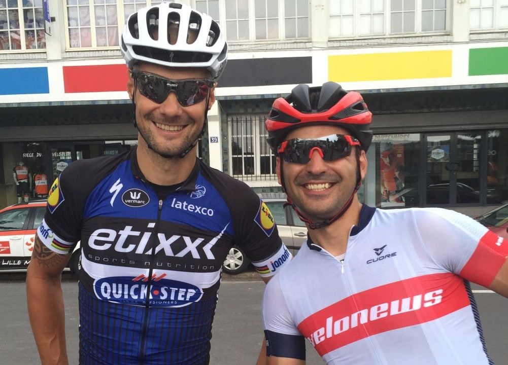 We rode into the Roubaix velodrome handlebar to handlebar. The same sweeping right turn, the same steep walls. The only thing missing was the throngs of fans. 