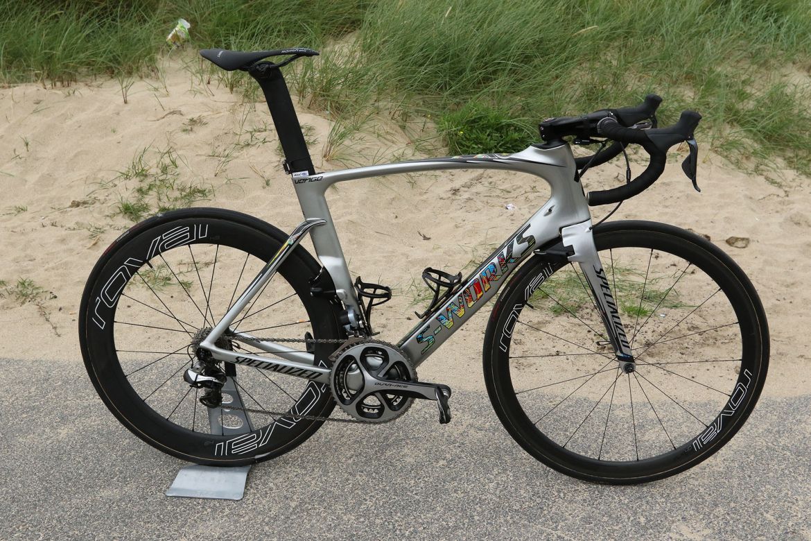 Marcel Kittel's S-Works Venge has a whole new look for the 2016 Tour de France. The silver paint job is highlighted with bright colors and custom designs personal to Kittel. Photo: Dan Cavallari | VeloNews.com