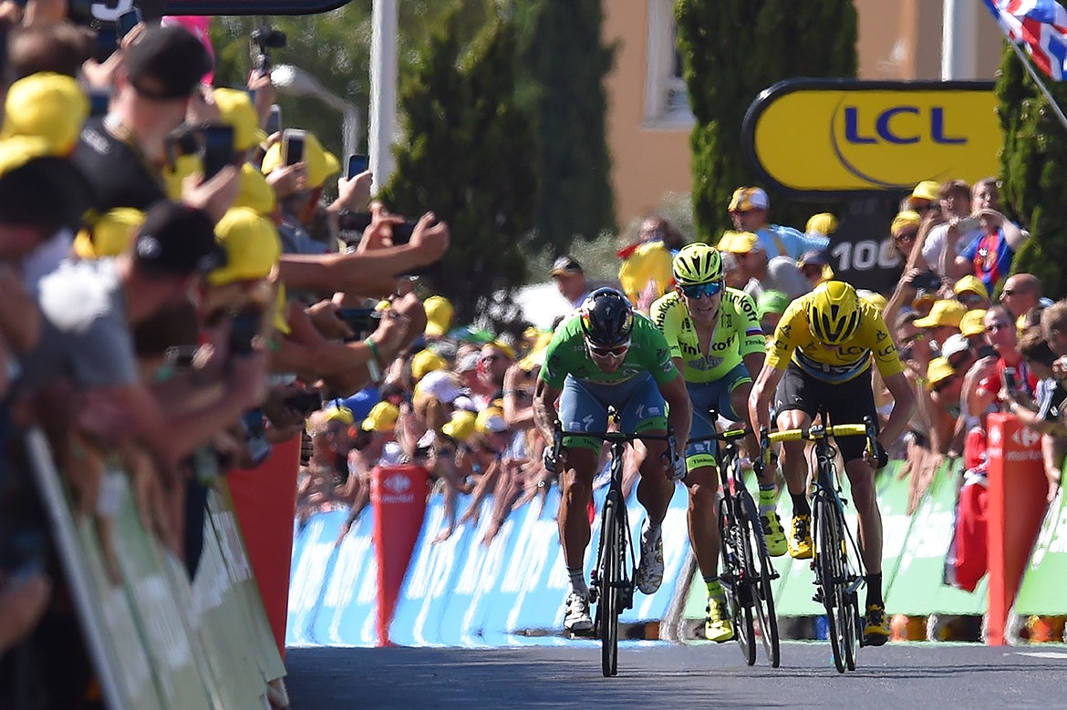 You don't often see the green jersey and yellow jersey going to the line in a sprint, but that's what happened in stage 11 at the Tour de France. Photo: Tim De Waele | <a href="http://www.tdwsport.com" target="_blank">TDWsport.com</a>