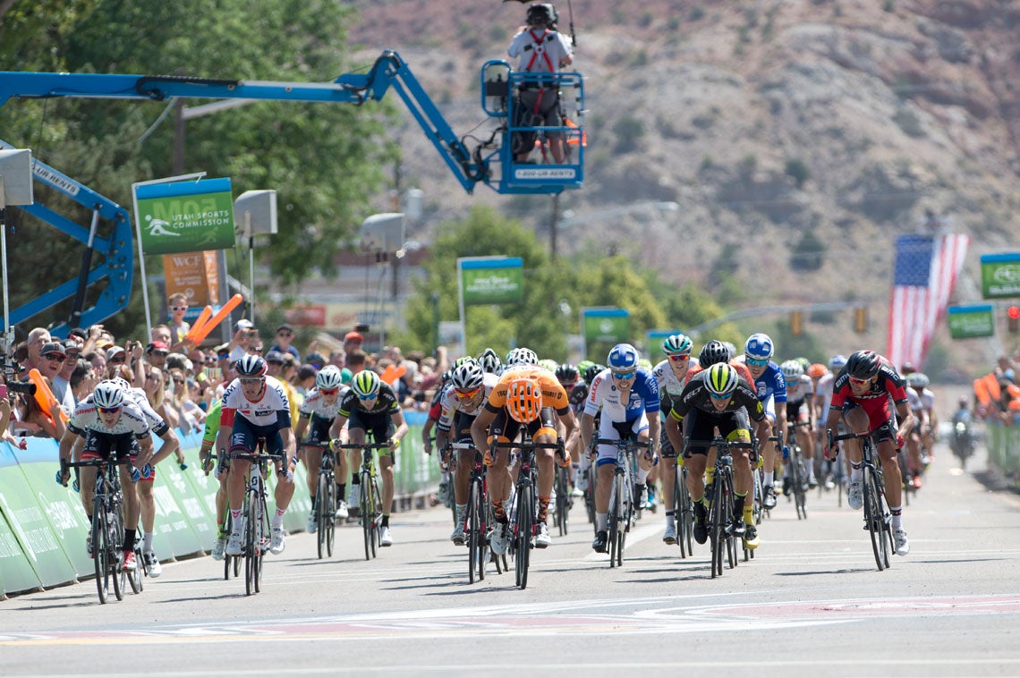 Kristofer Dahl led out the sprint and hung on to win stage 1 in Cedar City. Photo: Casey B. Gibson | <a href="http://www.cbgphoto.com">www.cbgphoto.com</a>
