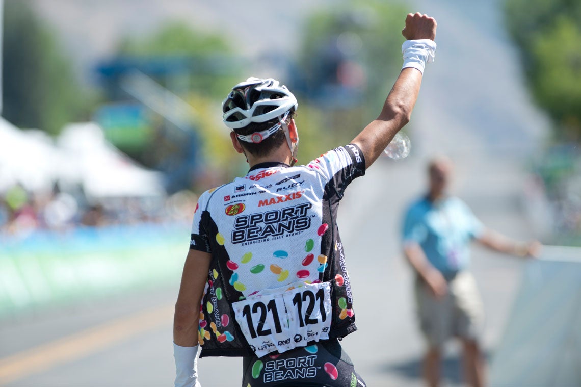 Lachlan Morton saluted the crowd after his big win at the 2016 Tour of Utah. Photo: Casey B. Gibson | <a href="http://www.cbgphoto.com">www.cbgphoto.com</a>