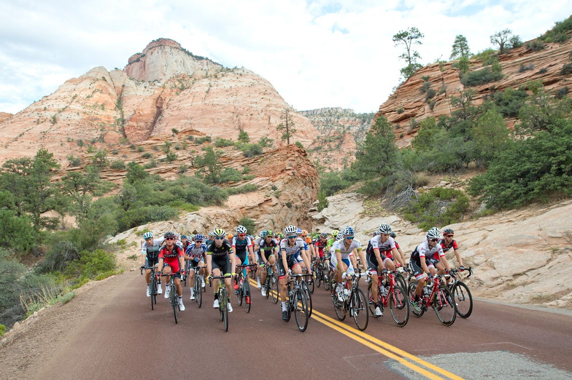 Riders spin through Zion National Park during Stage 1 of the Tour of Utah. Photo: Casey B. Gibson | <a href="http://www.cbgphoto.com">www.cbgphoto.com</a>