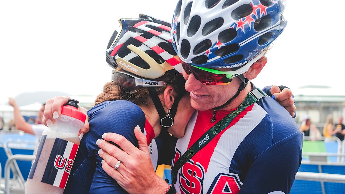 Mara Abbott took comfort from Kristin Armstrong after finishing fourth at the Olympic road race in Rio de Janeiro. Photo: Caley Fretz