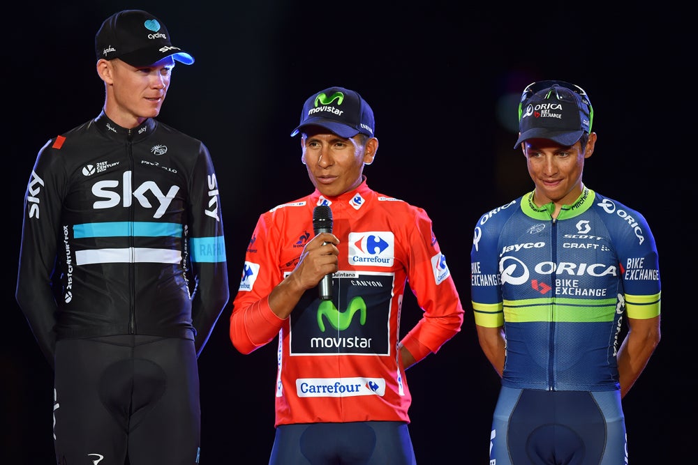 The diminutive Nairo Quintana (center) defeated Chris Froome and Esteban Chaves in Spain. Photo: Tim De Waele | <a href="http://www.tdwsport.com" target="_blank">TDWsport.com</a>