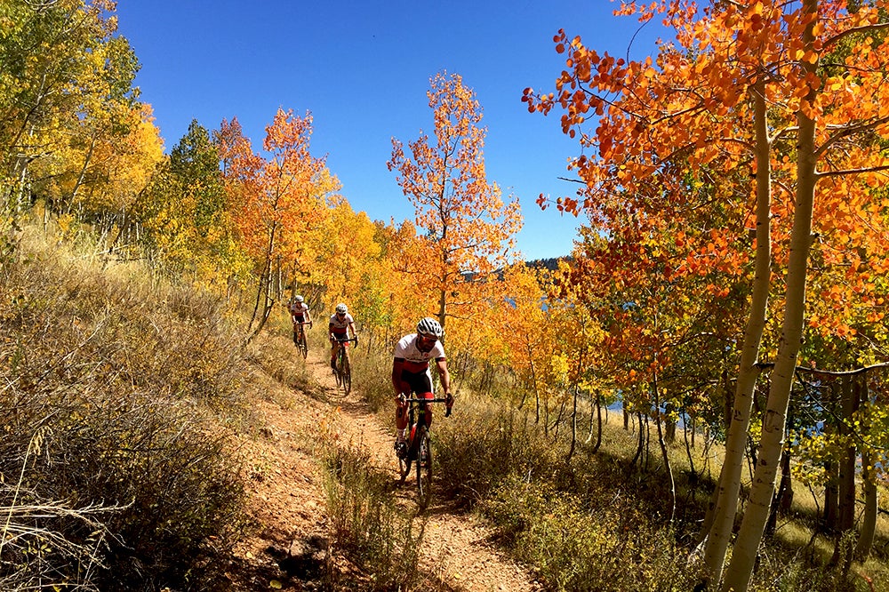 Our favorite stretch of the ride was a singletrack section through aspen trees that are well into their winter transformation from green to gold to red. Photo: Kristen Legan | VeloNews.com