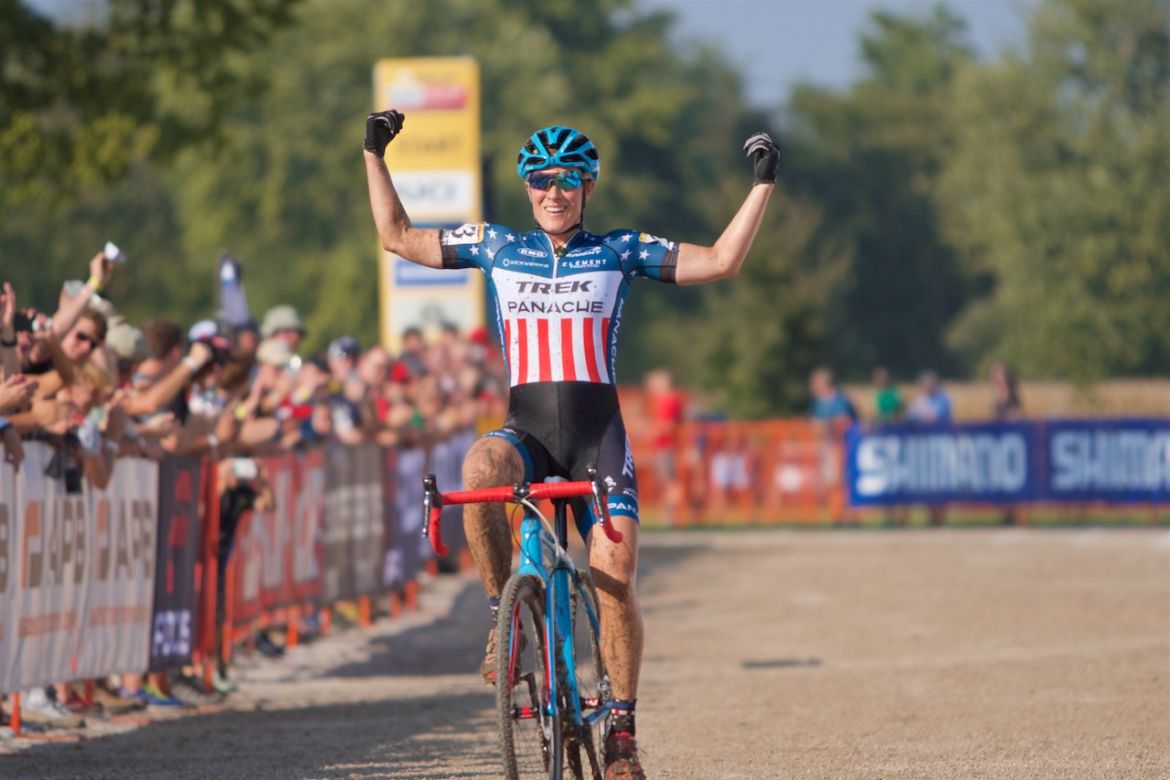 Katie Compton left little doubt Saturday at Jingle Cross, taking the clear victory over Caroline Mani and Kaitlin Antonneau. Photo: Dan Seaton