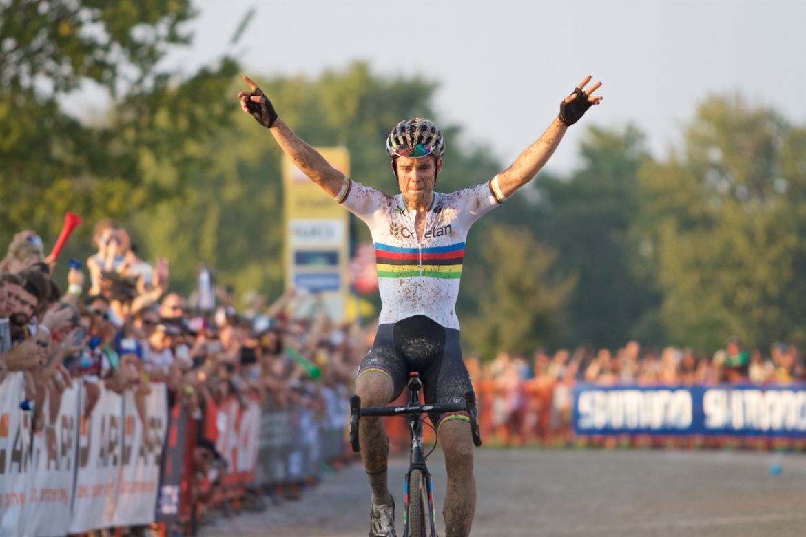 Wout Van Aert celebrated a second straight World Cup victory Saturday at Jingle Cross in Iowa City. Photo: Dan Seaton