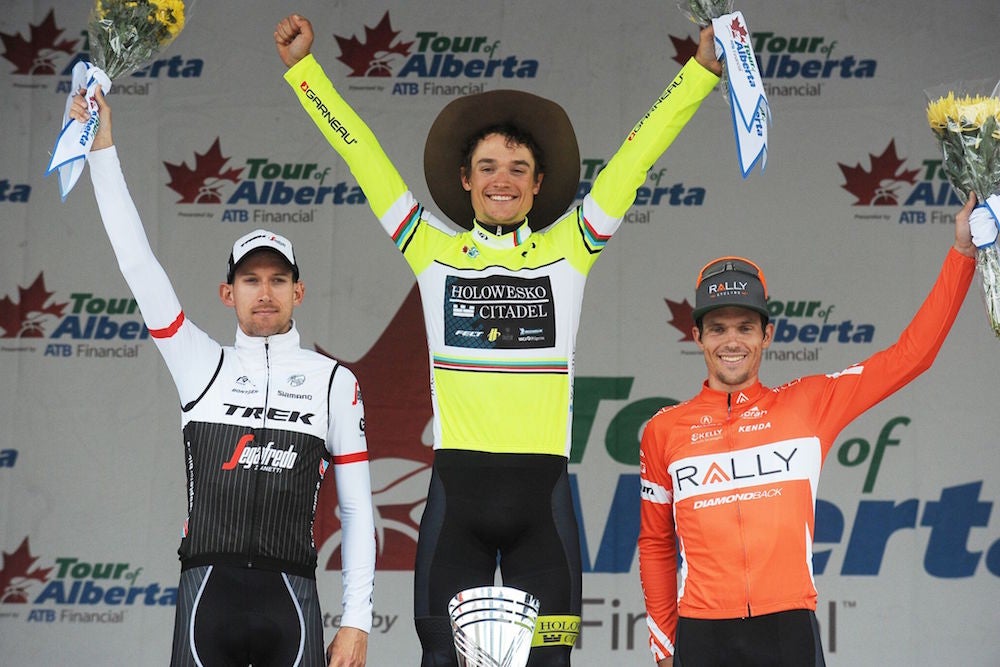 Robin Carpenter won a close GC battle to stand atop the Tour of Alberta's final podium after Monday's fifth and final stage. Photo: VeloImages