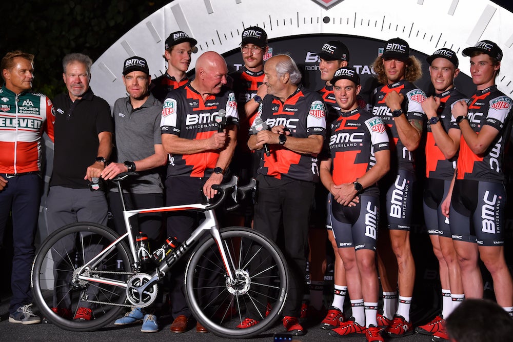 BMC Racing and Tag Heuer made their agreement official Saturday in Doha, with Cadel Evans and Dag Otto Lauritzen — who rode for the Tag Heuer-sponsored 7-Eleven team — on hand for the announcement. Photo: Tim De Waele | <a href="http://www.tdwsport.com" target="_blank">TDWsport.com</a>