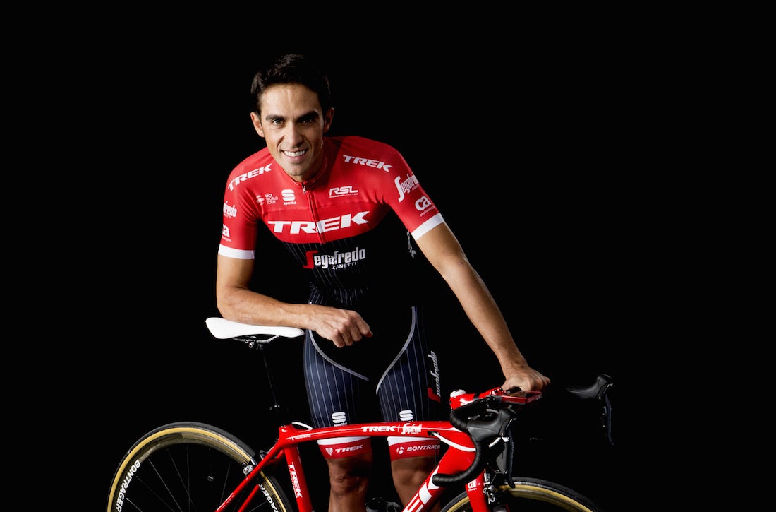 Alberto Contador modeled the new kit for his Trek – Segafredo team, which he joined at the start of 2017. Photo: Trek – Segafredo