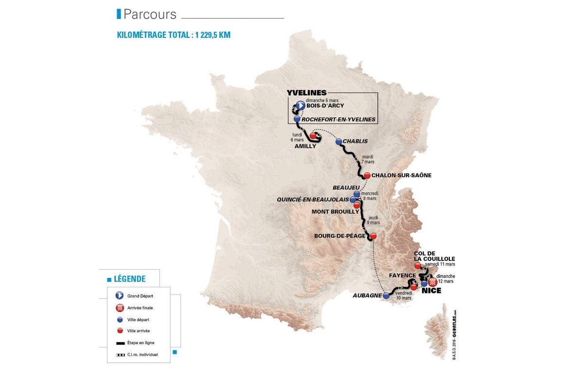 The 2017 route map for Paris-Nice. Image: ASO