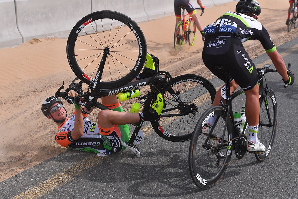 Marco Maronese stayed clipped in during his tumble on stage 3. Photo: Tim De Waele | <a href="http://www.tdwsport.com" target="_blank">TDWsport.com</a>