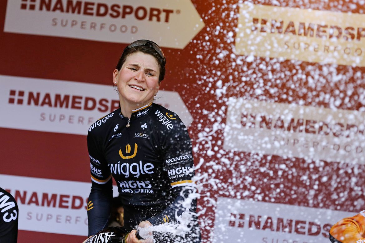 The winner uncorked the champagne in celebration of her epic win and her first-place lead in the 2017 Women's WorldTour. Photo: Tim De Waele | <a href="http://www.tdwsport.com" target="_blank">TDWsport.com</a>