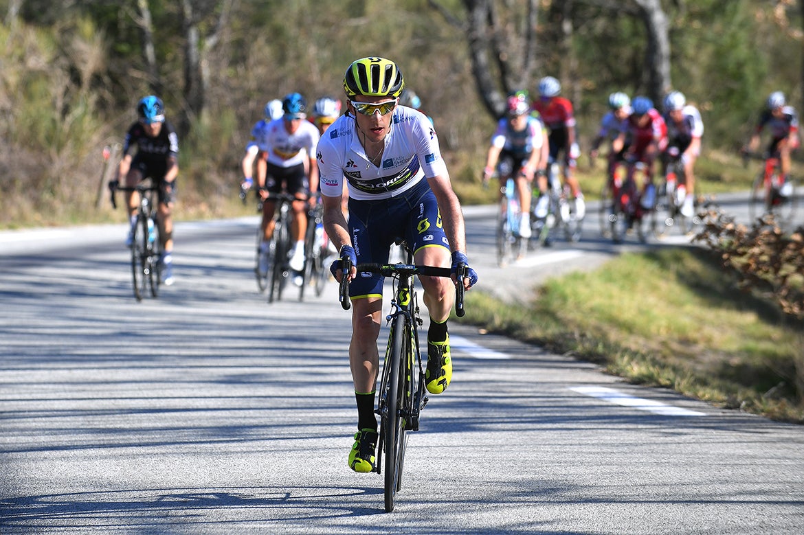 Once the remaining breakaway riders were caught, Orica-Scott's Simon Yates attacked out of the yellow-jersey group 18 kilometers from the finish. Photo: Tim De Waele | <a href="http://www.tdwsport.com" target="_blank">TDWsport.com</a>