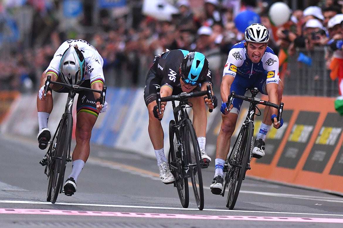 After racing nearly 300km from Milan to San Remo, it all came down to a three-up photo finish. Photo: Tim De Waele | <a href="http://www.tdwsport.com" target="_blank">TDWsport.com</a>