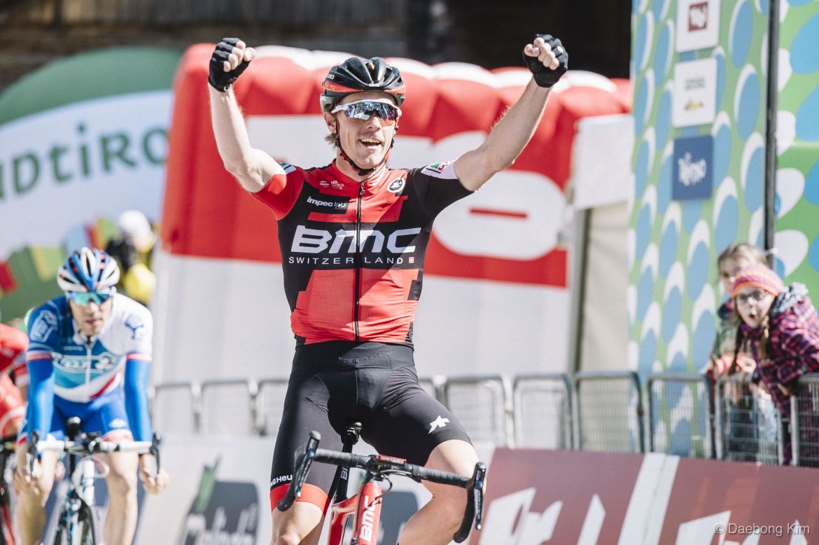 Rohan Dennis (BMC) picks up his fourth win of the season at the end of a shortened second stage at Tour of the Alps on Tuesday. Photo: Daibong Kim