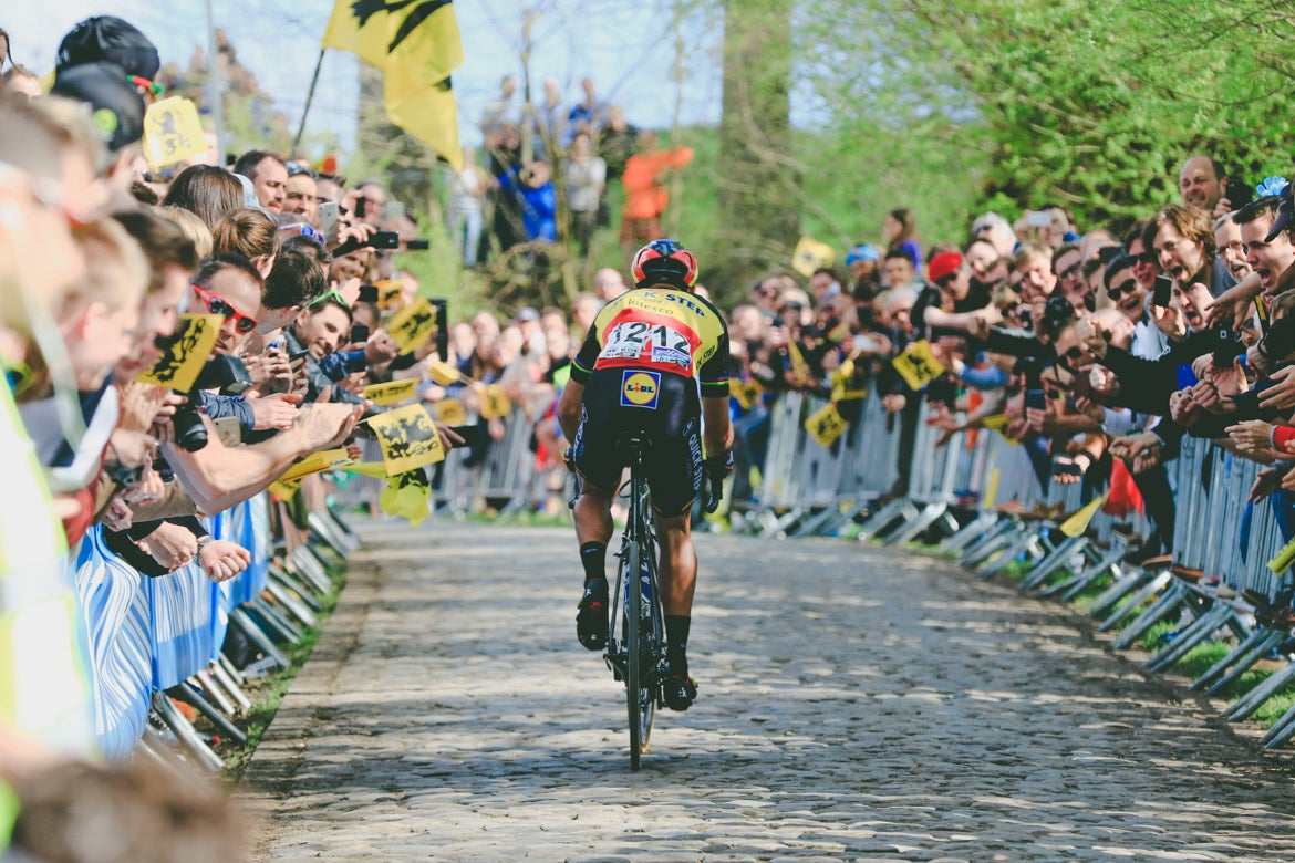 Gilbert made a grand entrance in the Koppenberg with his solo attack. Photo: Eoin Clarke | Cyclefile / BrakeThrough Media | www.brakethroughmedia.com