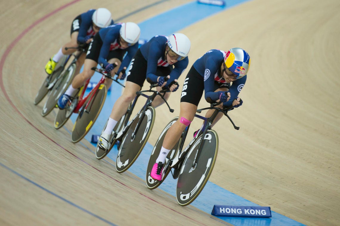 Chloe Dygert, on the front of the U.S. women's team pursuit squad, rode an impressive final kilometer in the world championship event to help her team win a second consecutive title. Photo: Casey B. Gibson | <a href="http://www.cbgphoto.com">www.cbgphoto.com</a>