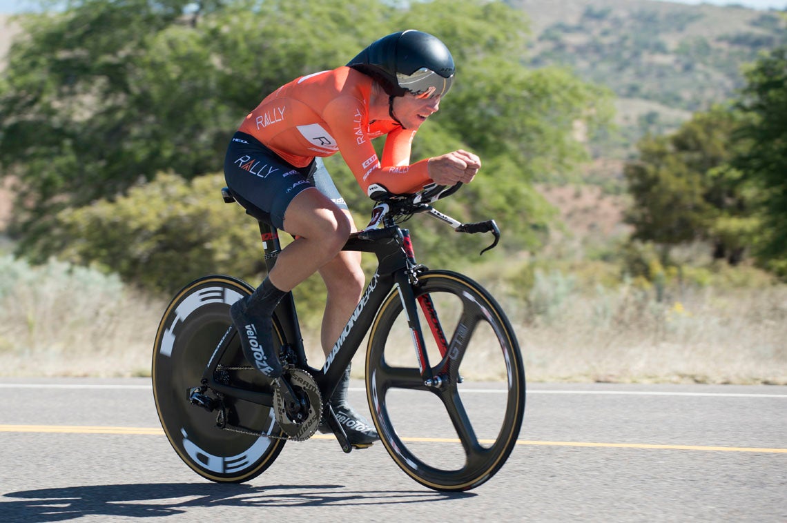 Evan Huffman of Rally Cycling wins the individual time trial in Tyrone, NM, by a 25 second margin, the third Rally cycling stage win in a row. Photo: Casey B. Gibson | <a href="http://www.cbgphoto.com">www.cbgphoto.com</a>
