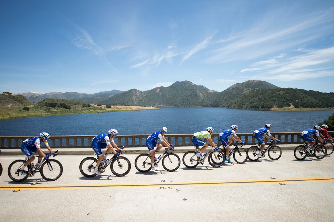 The Quick-Step Floors team and Marcel Kittel were high above Twitchell Reservoir. Photo: Casey B. Gibson | <a href="http://www.cbgphoto.com">www.cbgphoto.com</a>