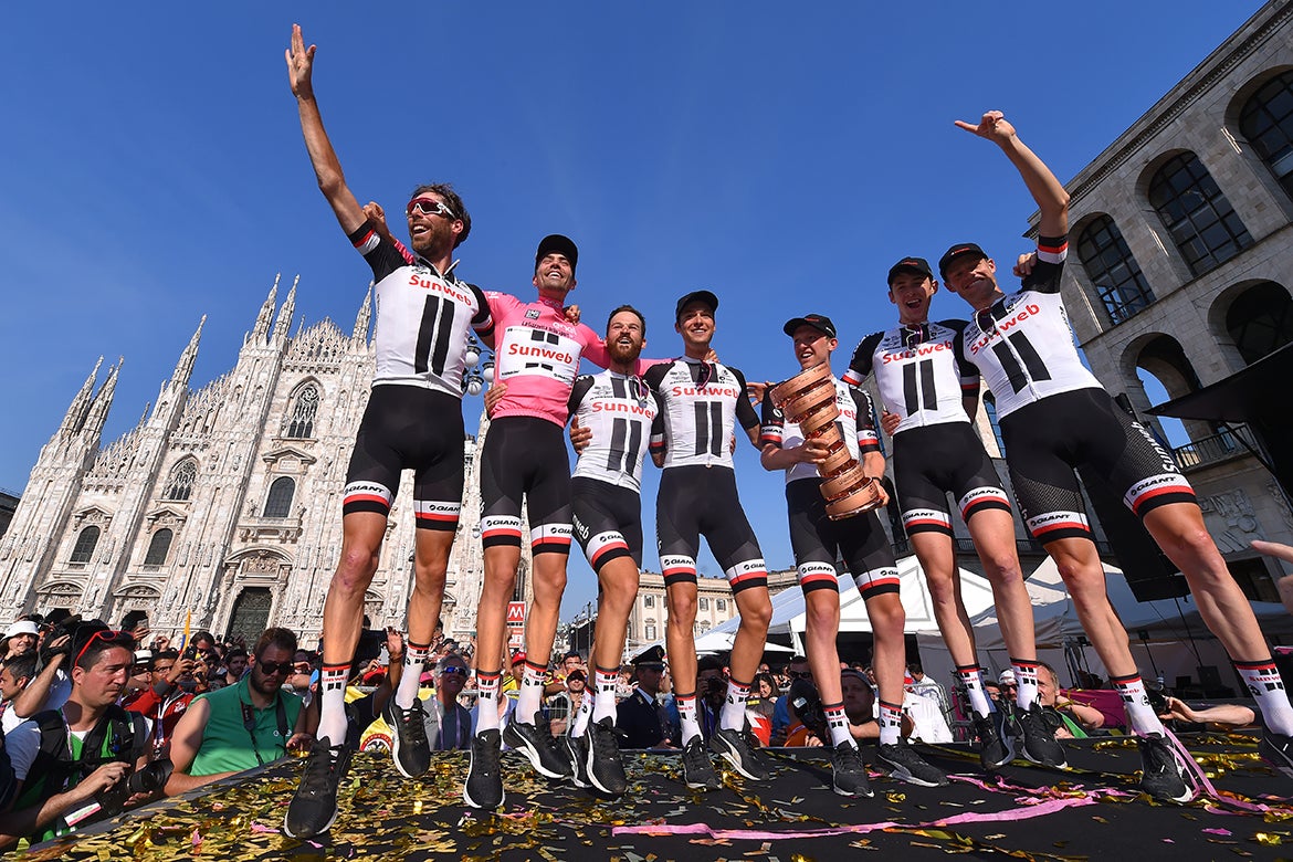 Wearing the Giro's pink jersey, Dumoulin celebrated with his Sunweb teammates: Phil Bauhaus, Simon Geschke, Chad Haga, Wilco Kelderman, Sindre Lunke, Georg Preidler, Tom Stamsnijder, and Laurens Ten Dam. Photo: Tim De Waele | <a href="http://www.tdwsport.com" target="_blank">TDWsport.com</a>