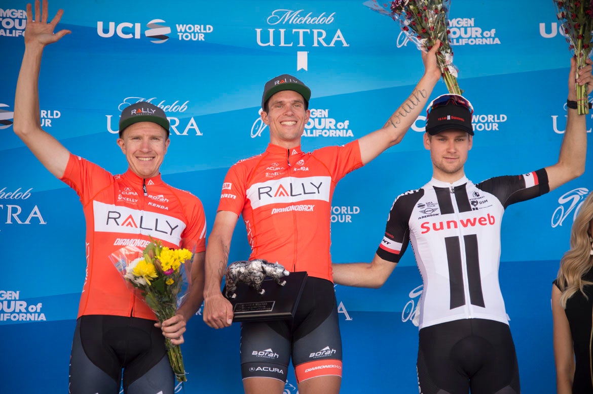 The stage 4 podium of Evan Huffman, Rob Britton, and Lennard Hofstede. Photo: Casey B. Gibson | <a href="http://www.cbgphoto.com">www.cbgphoto.com</a>