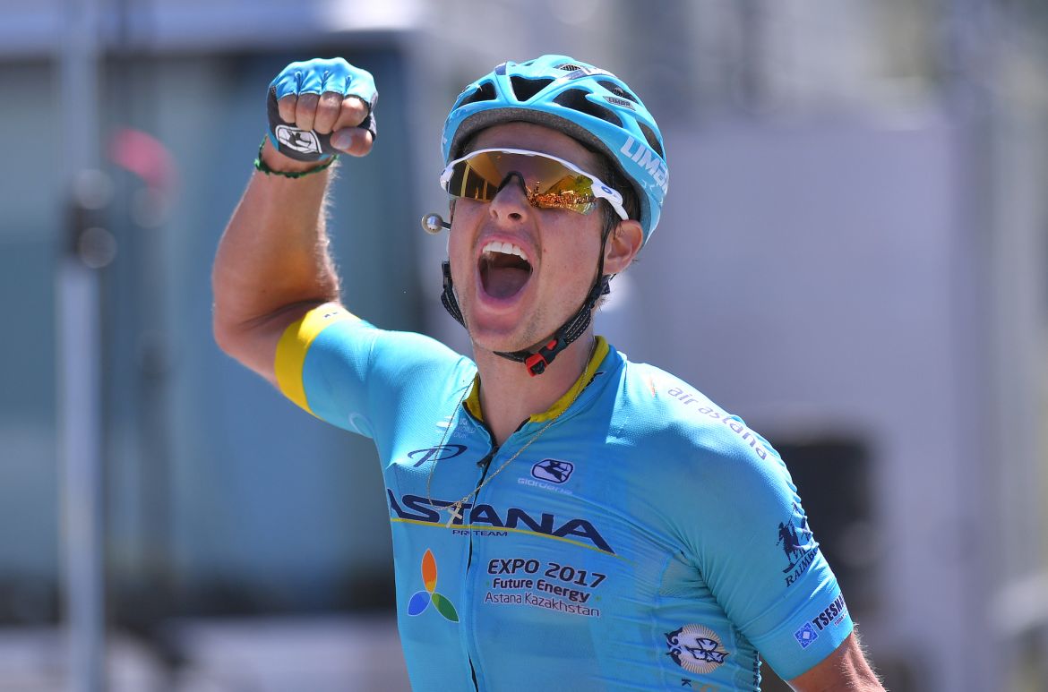 Astana's Jakob Fuglsang (DEN) celebrates his stage 8 win and overall victory at the 2017 Critérium du Dauphiné on Sunday. Photo: Tim De Waele | <a href="http://www.tdwsport.com" target="_blank">TDWsport.com</a>
