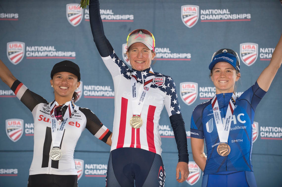 The women's podium of Amber Neben, Coryn Rivera and Ruth Winder. Photo: Casey B. Gibson | <a href="http://www.cbgphoto.com">www.cbgphoto.com</a>