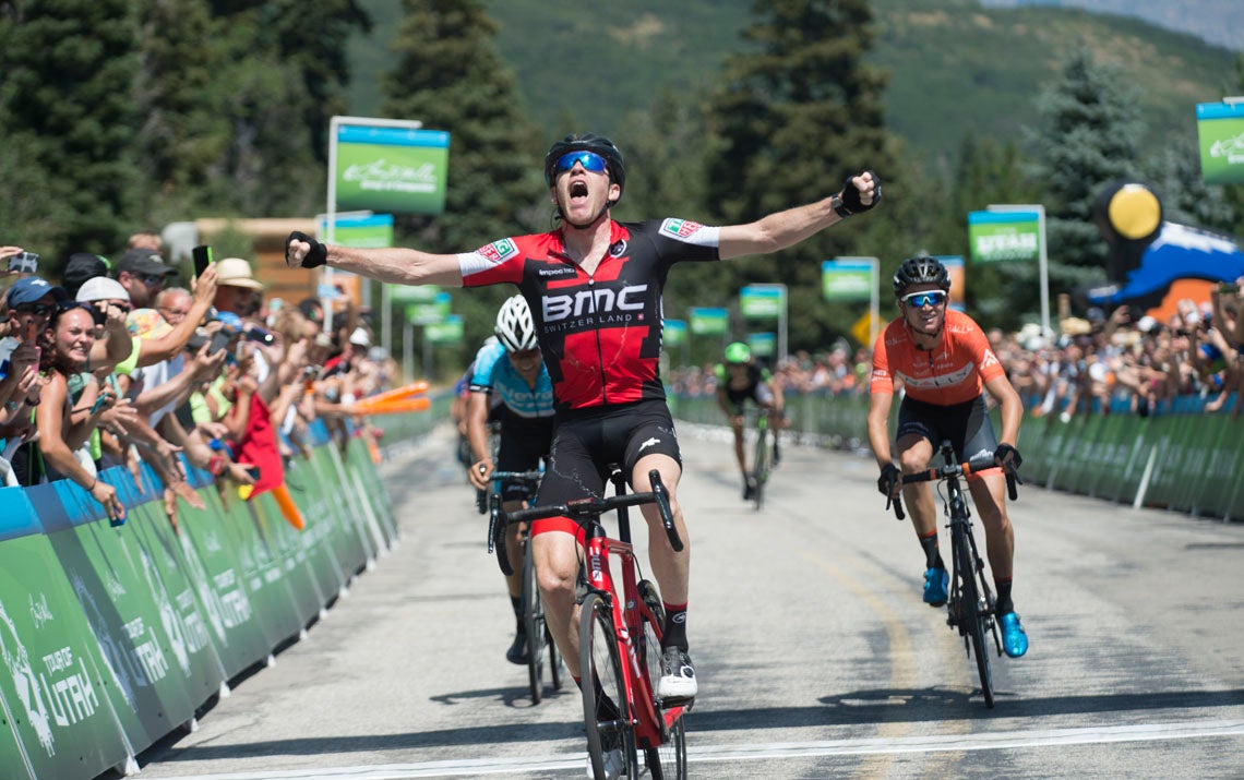 Brent Bookwalter pulled away from Sepp Kuss and James Piccoli to win stage 2 of the Tour of Utah at the top of Snowbasin. Photo: Casey B. Gibson | <a href="http://www.cbgphoto.com">www.cbgphoto.com</a>