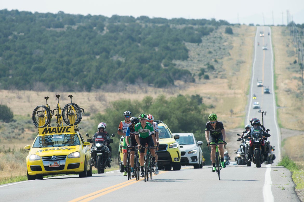 With the peloton nowhere in sight, the break rode on toward the turnaround in the Rush Valley in stage 4. Photo: Casey B. Gibson | <a href="http://www.cbgphoto.com">www.cbgphoto.com</a>