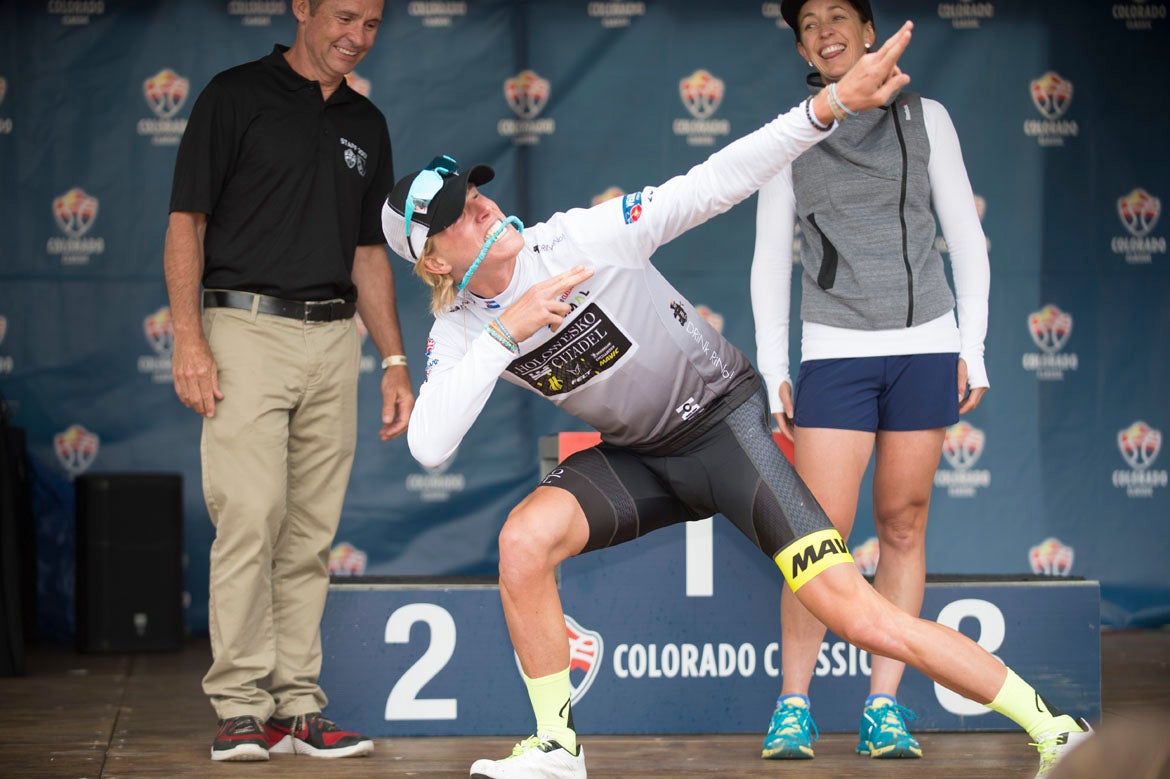 TJ Eisenhart posing with one of his many jerseys after Stage 2. Photo: Casey B. Gibson | <a href="http://www.cbgphoto.com">www.cbgphoto.com</a>