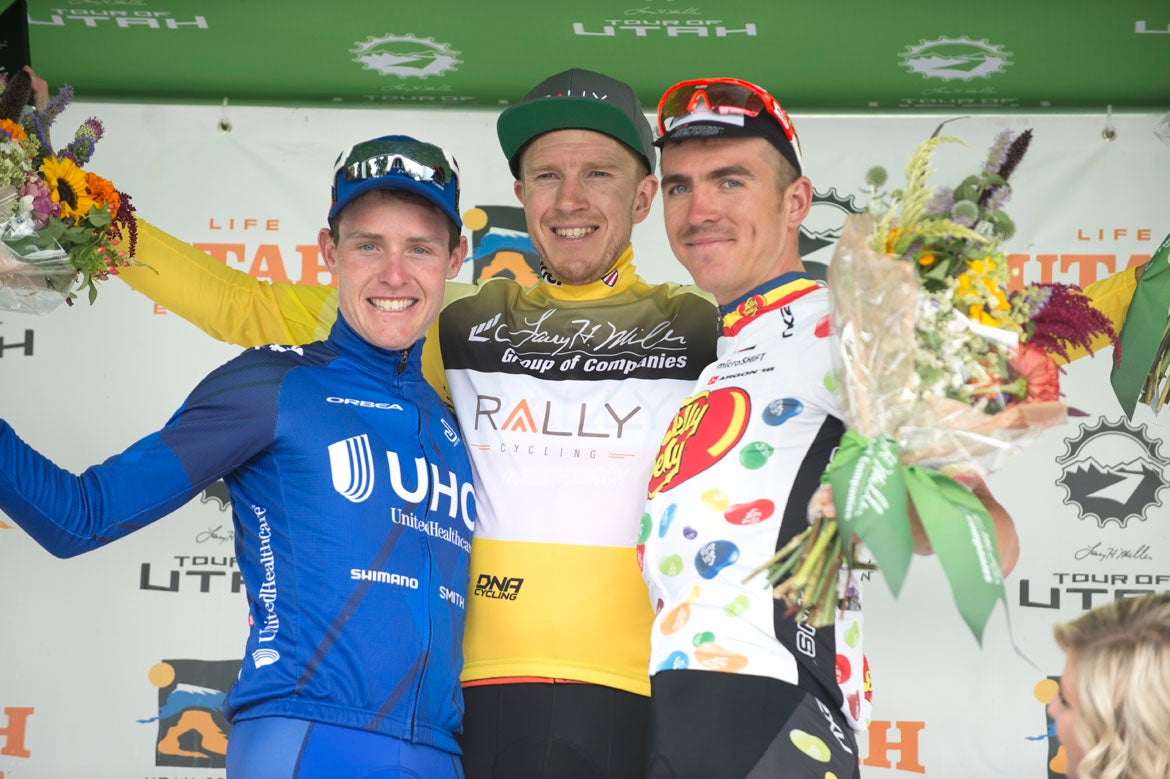 The final GC podium of Rob Britton, Gavin Mannion, and Serghei Tvetcov. Photo: Casey B. Gibson | <a href="http://www.cbgphoto.com">www.cbgphoto.com</a>