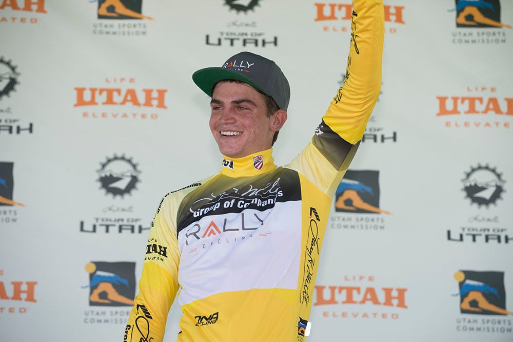 Sepp Kuss in yellow after Stage 2. Photo: Casey B. Gibson | <a href="http://www.cbgphoto.com">www.cbgphoto.com</a>